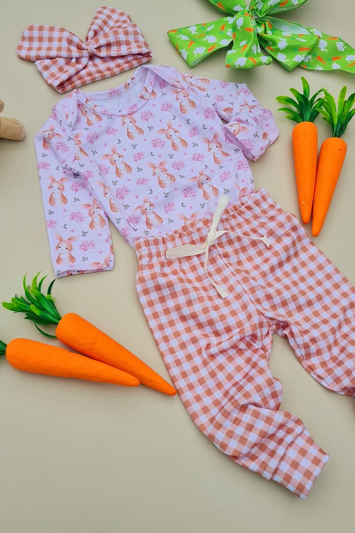 Calça  e Laço Xadrez  Marrom + Body ML