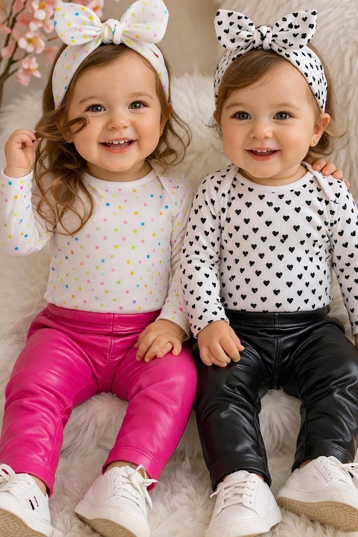 Body ML Estampado +Calça Couro Pink Lisa + Laço de Cabelo Estampado