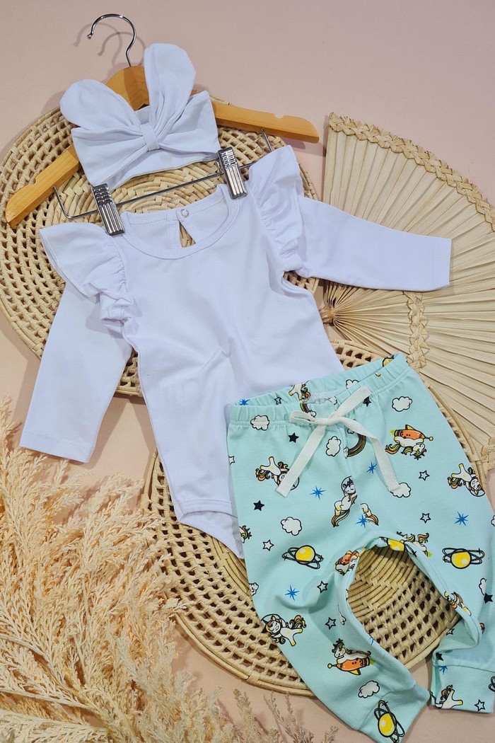 Body Frufru ML Branco + Calça + Laço