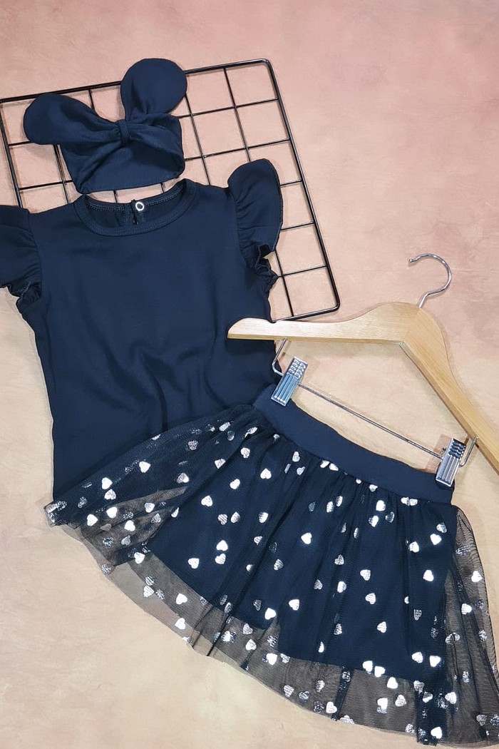 Camiseta Frufru MC Preta +Shorts Saia Tule+ Laço Preto