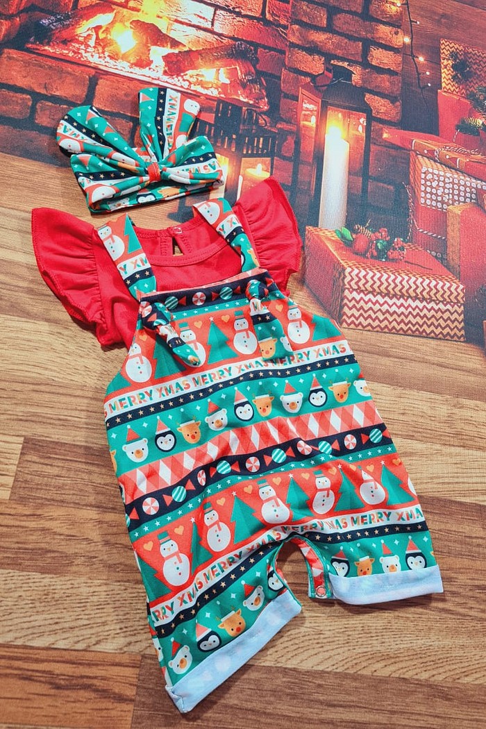 Body Frufru MC Vermelho + Jardineira + Laço