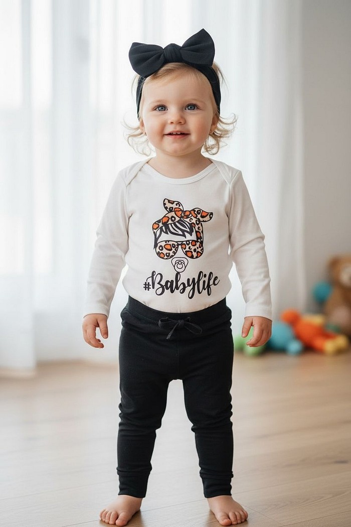 Body ML Estampado + Calça Preta + Laço Preto