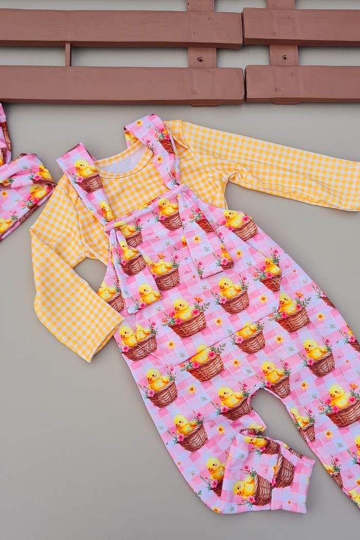 Body Xadrez Laranja+ Jardineira e Laço de Cabelo  Estampado