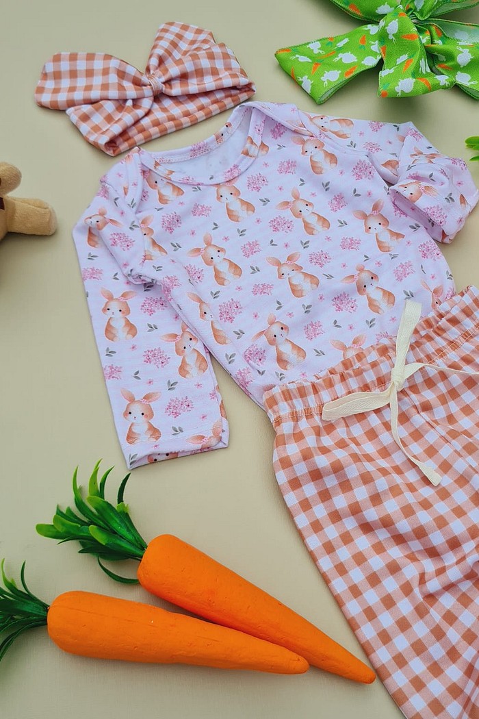 Calça  e Laço Xadrez  Marrom + Body ML