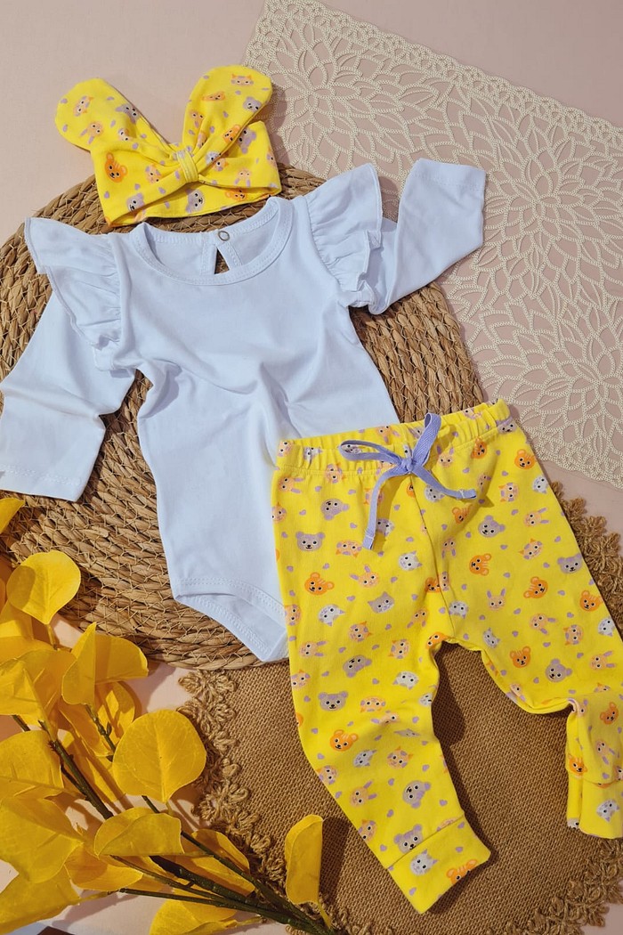 Body Frufru ML Branco + Calça + Laço
