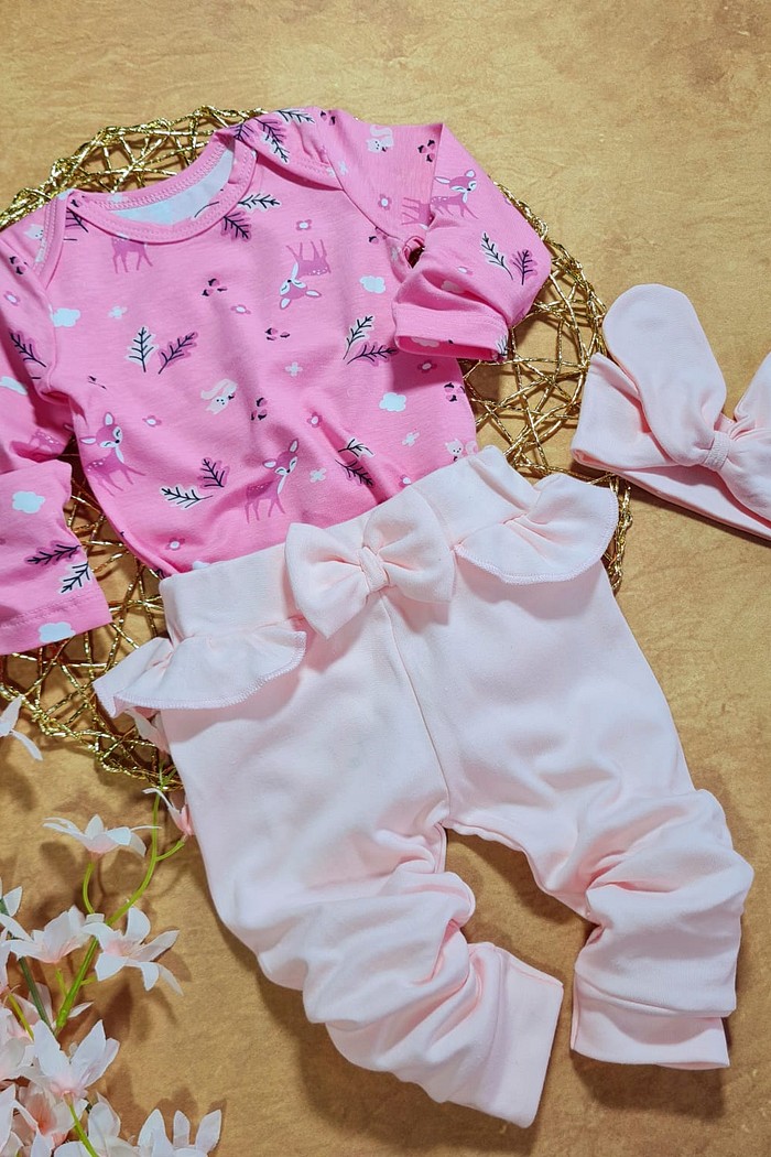 Body ML + Calça Frufru Rosa + Laço Rosa