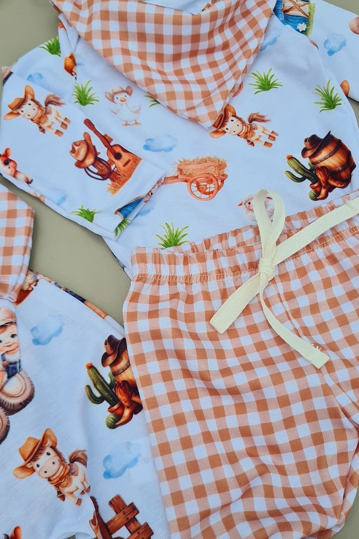 Calça e Bandana Xadrez  Marrom + Body estampado