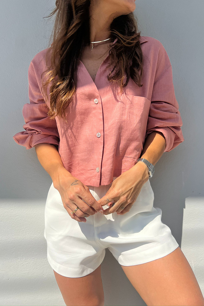 Camisa Cropped de Linho Rosa Sarita - Mini Moni