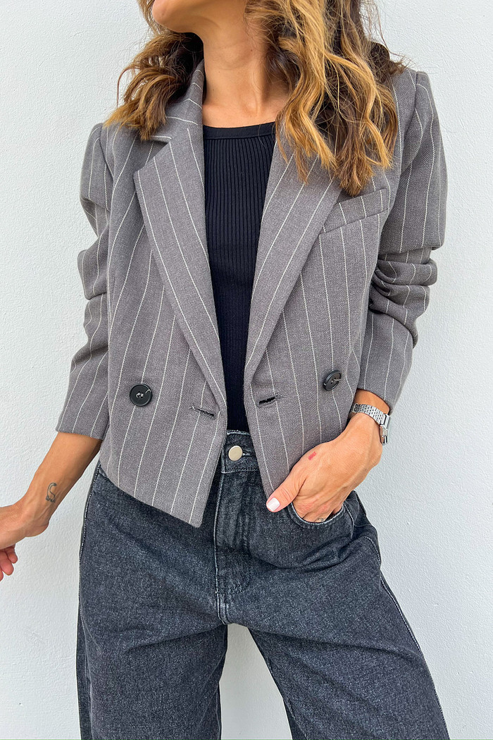 Blazer de Alfaiataria Cinza Risca de Giz - Mini Moni