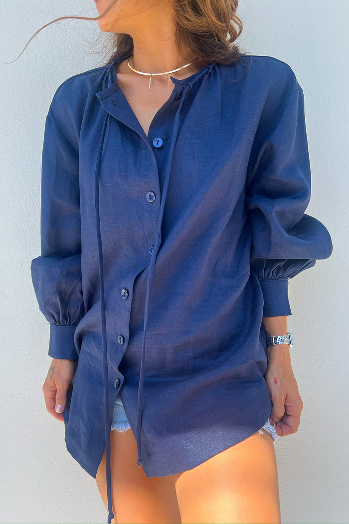 Maxi Camisa de Amarração Azul Marinho Liz - Mini Moni