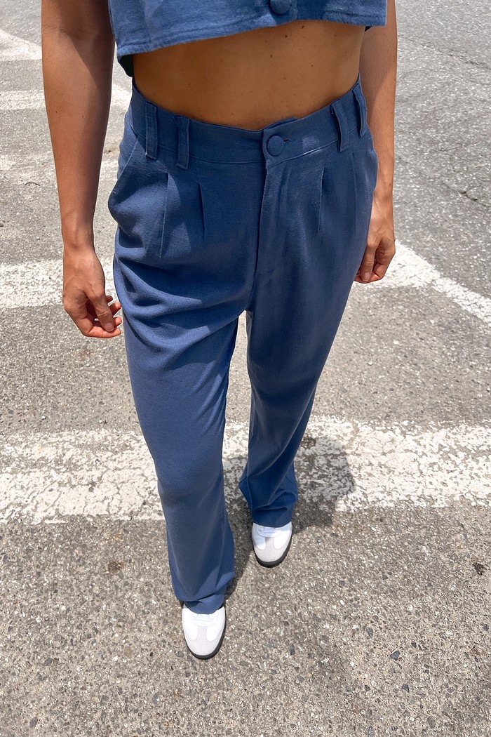 Calça Linho Alfaiataria Feminina Azul Jeans Sofia - Mini Moni