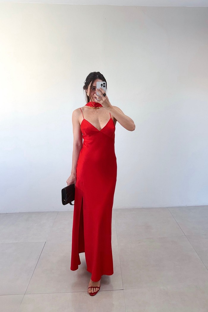 Vestido de Alça Midi Satin Vermelho - MiniMoni
