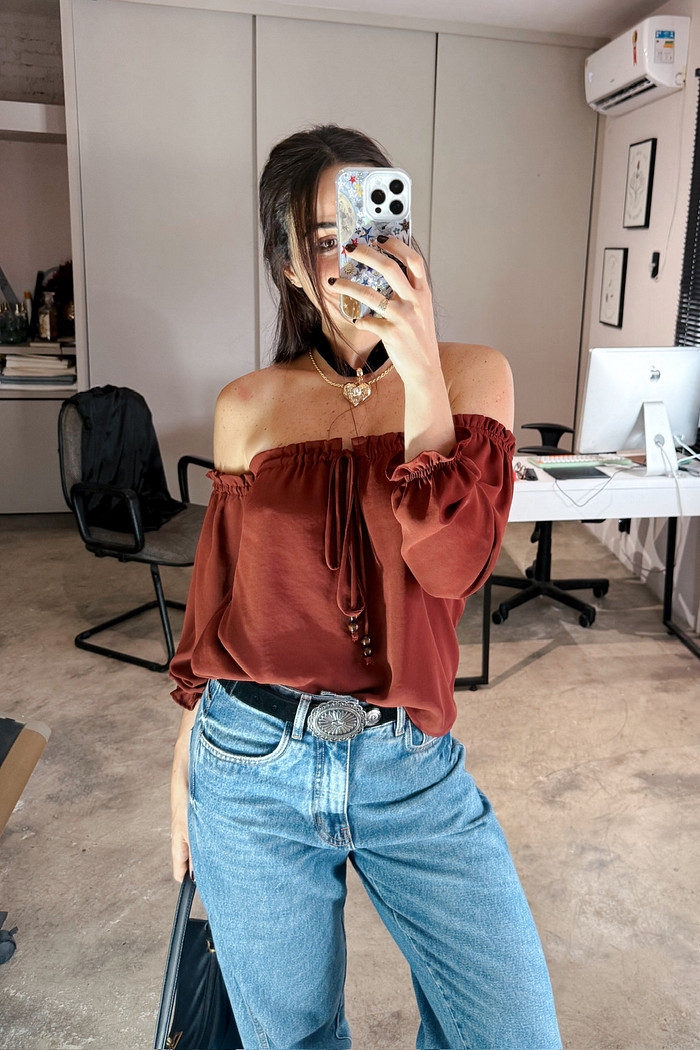 Blusa Ciganinha Mel Marrom - Mini Moni