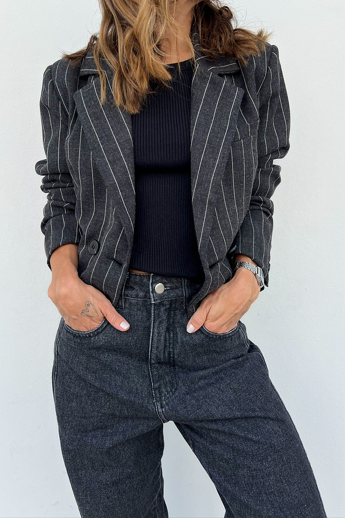 Blazer de Alfaiataria Preto Risca de Giz - Mini Moni