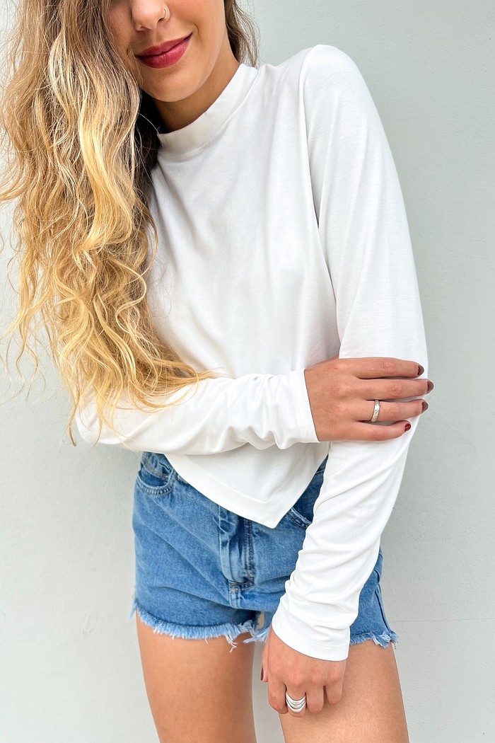 Blusa Manga Longa Feminina Cropped Branca Sofia- Mini Moni