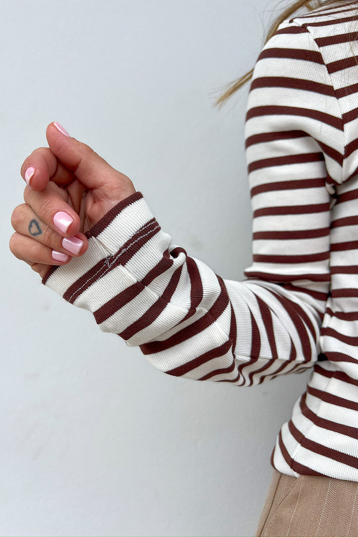 Blusa Stripe de Manga Longa Marrom - Mini Moni