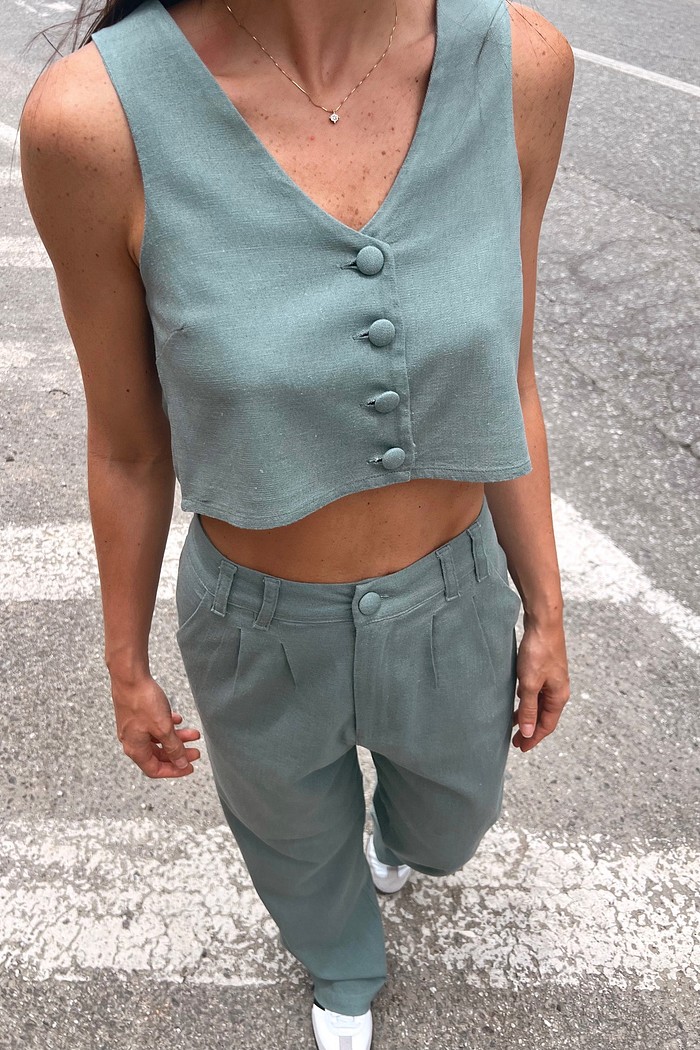 Calça Linho Alfaiataria Feminina Cinza Esverdeado Sofia - Mini Moni