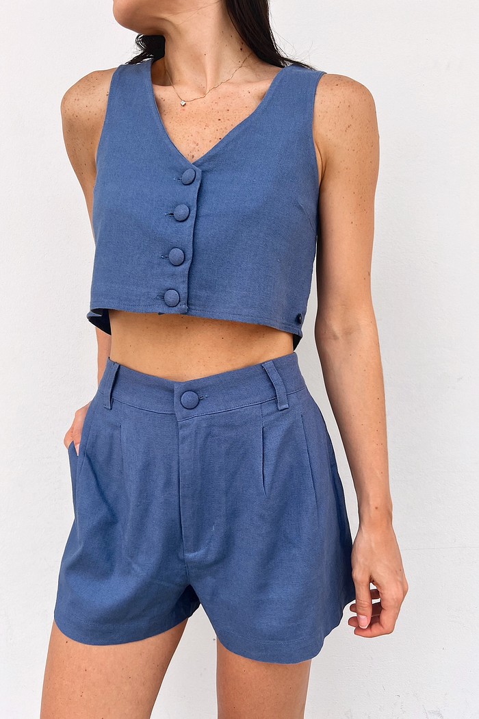 Colete Alfaiataria Curto Azul Jeans Sofia - Mini Moni