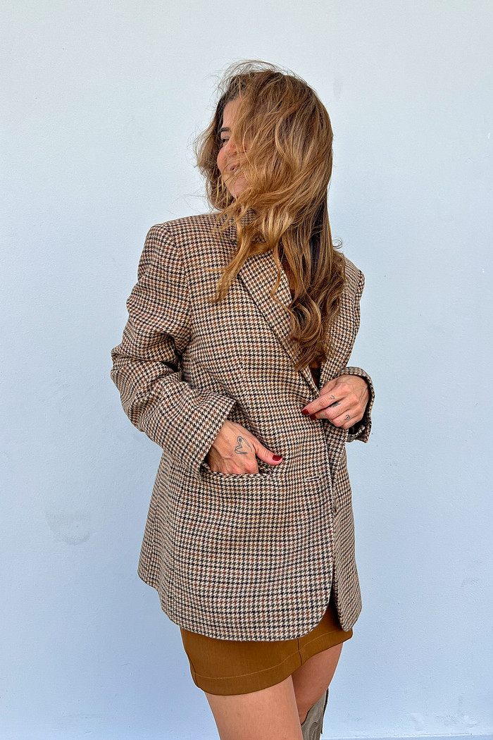 Blazer de Lã Xadrez Vintage Preto - Mini Moni