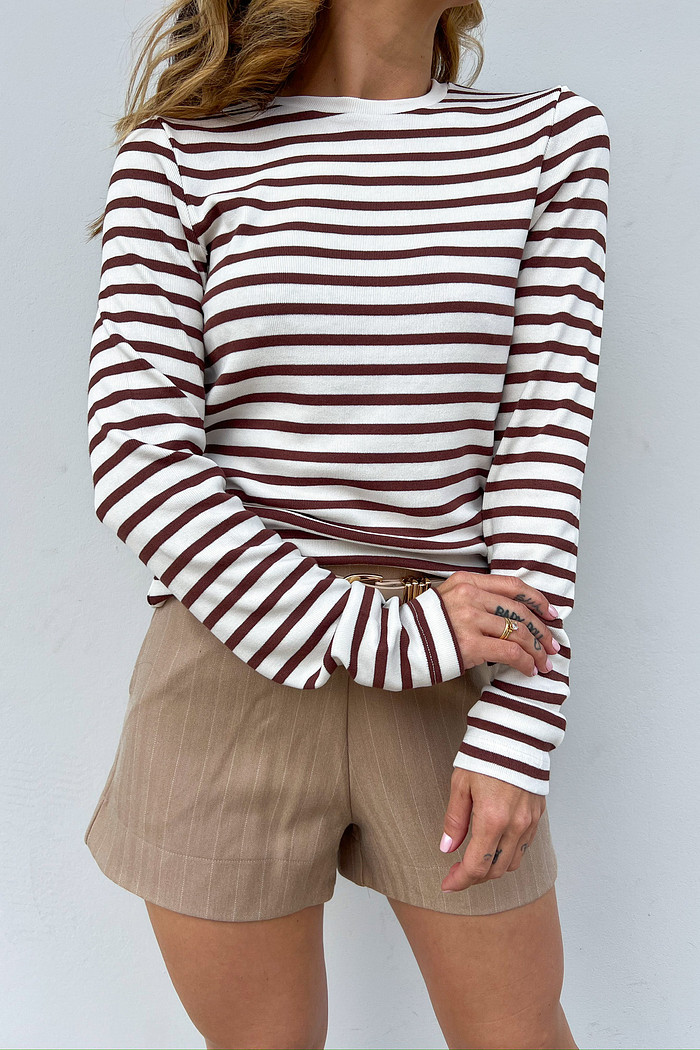 Blusa Stripe de Manga Longa Marrom - Mini Moni