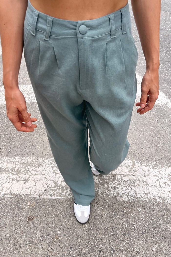 Calça Linho Alfaiataria Feminina Cinza Esverdeado Sofia - Mini Moni