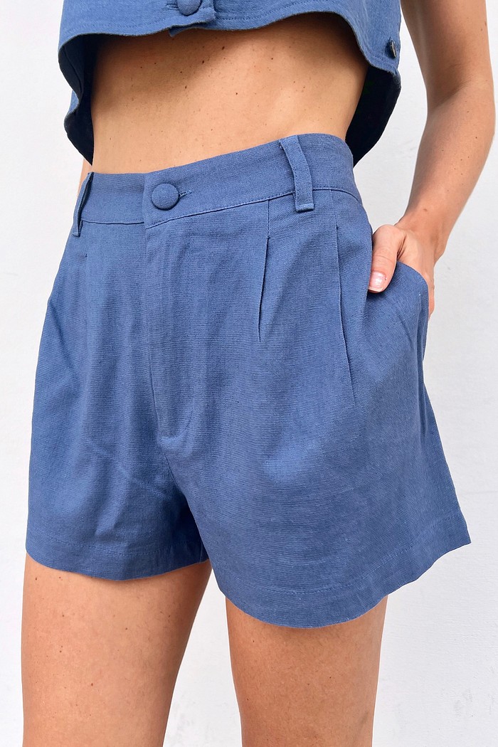 Shorts De Linho Feminino Azul Jeans Sofia - Mini Moni