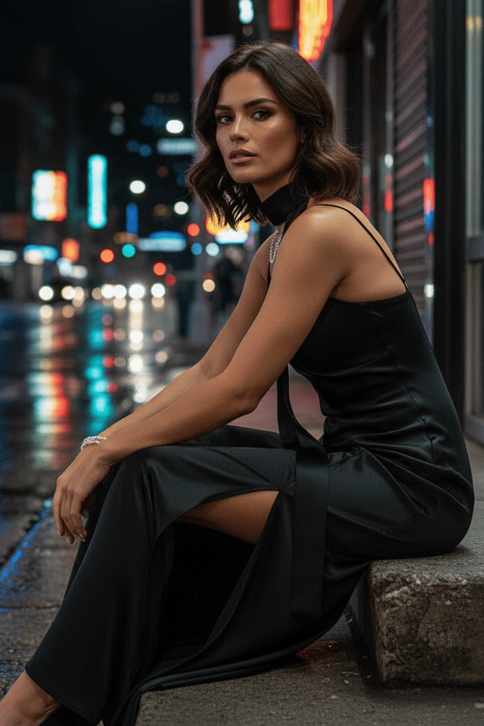 Vestido de Alça Midi Satin Preto - MiniMoni