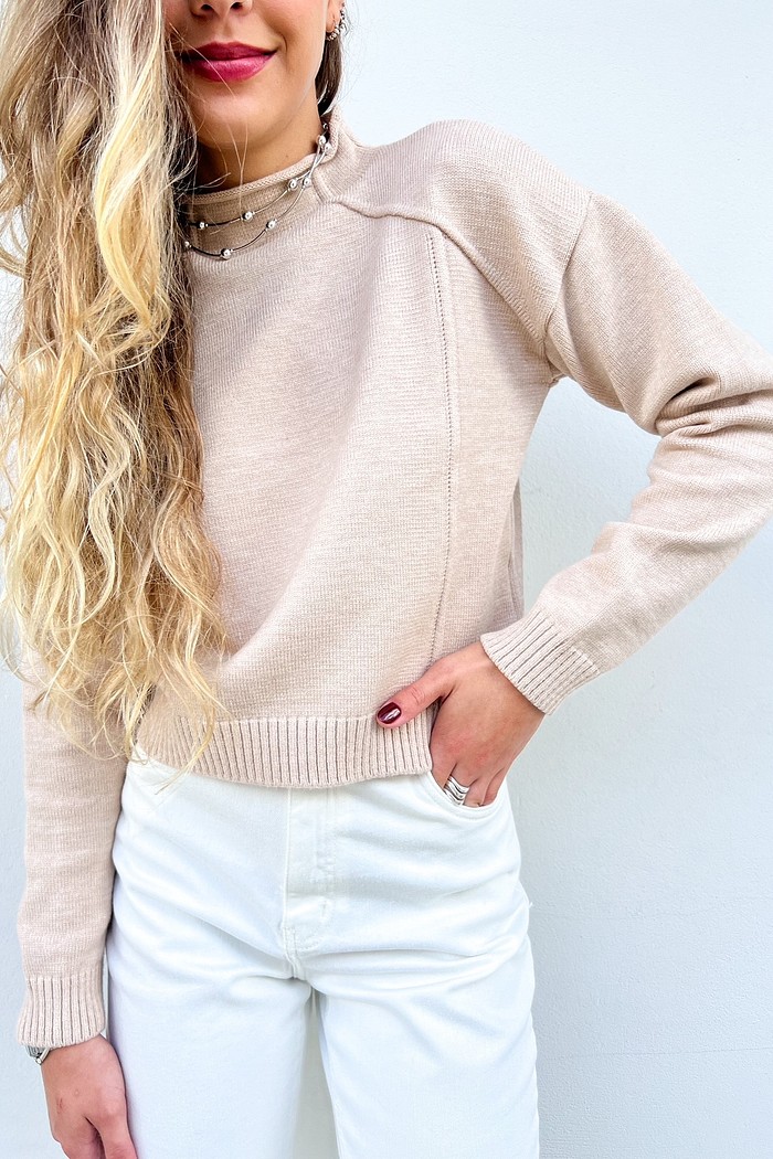 Blusa Feminina Manga Longa Cashemere Bege Paula - Mini Moni