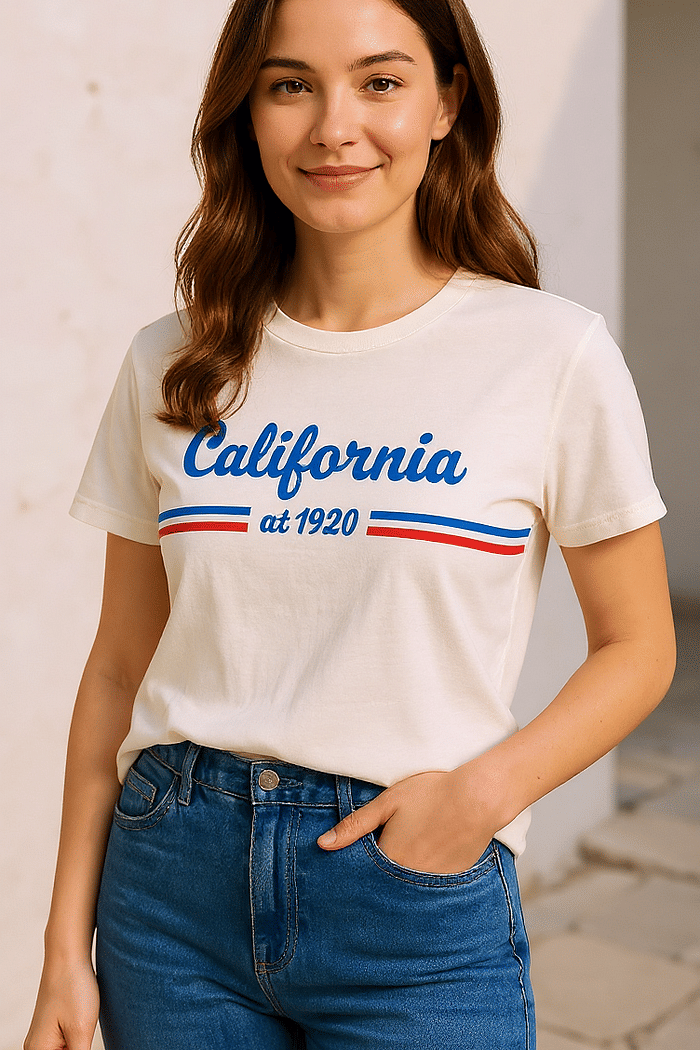 Estilo Californiano Atemporal - T-Shirt Califórnia Off-White Minimoni T-Shirt Califórnia Off-White Estampa Vintage Frontal - MiniMoni