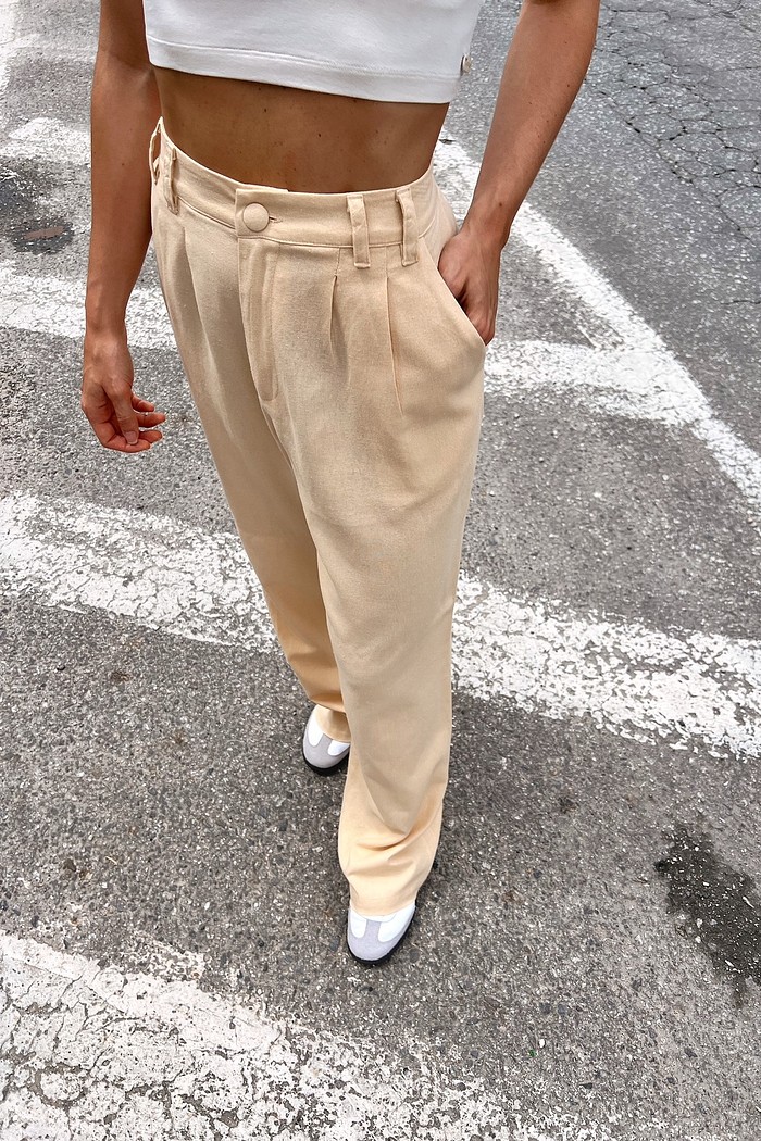 Calça Linho Alfaiataria Feminina Bege Creme Sofia - Mini Moni