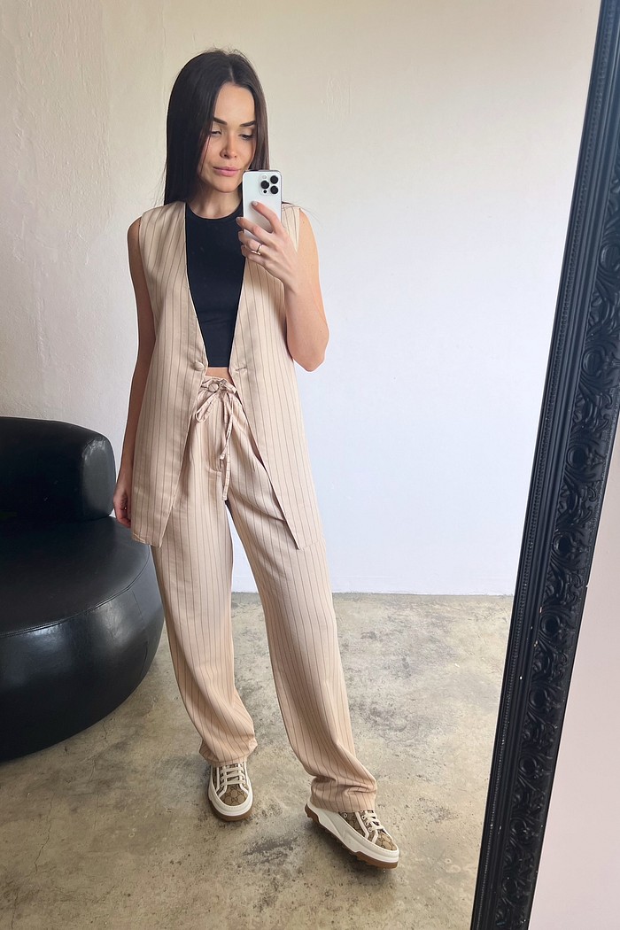 Calça Listrada Feminina Bege Ester - Mini Moni