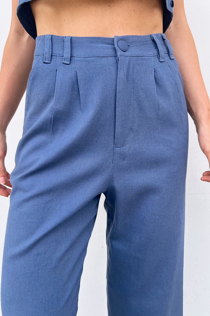 Calça Linho Alfaiataria Feminina Azul Jeans Sofia - Mini Moni
