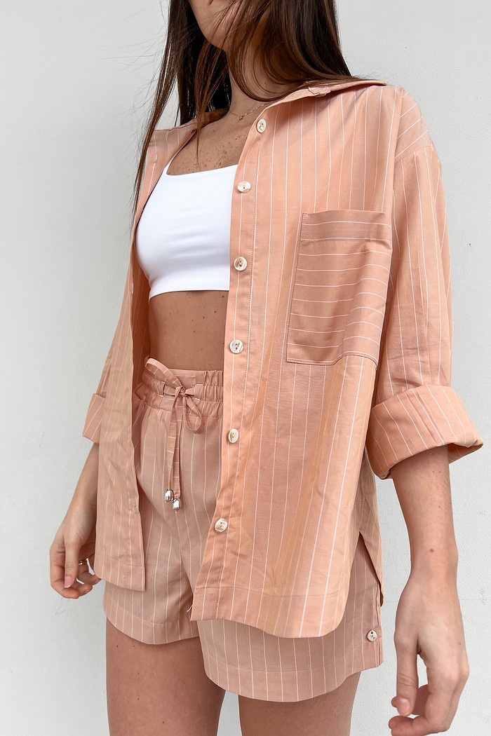 Maxi Camisa Listrada Feminina Marrom Francesca - Mini Moni