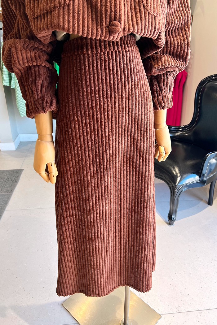 Saia Midi Feminina Cotelê Marrom Cacau - Mini Moni