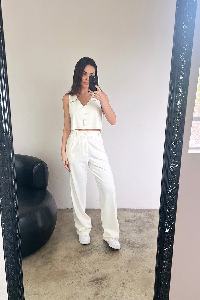 Calça Linho Alfaiataria Feminina Branca Sofia - Mini Moni