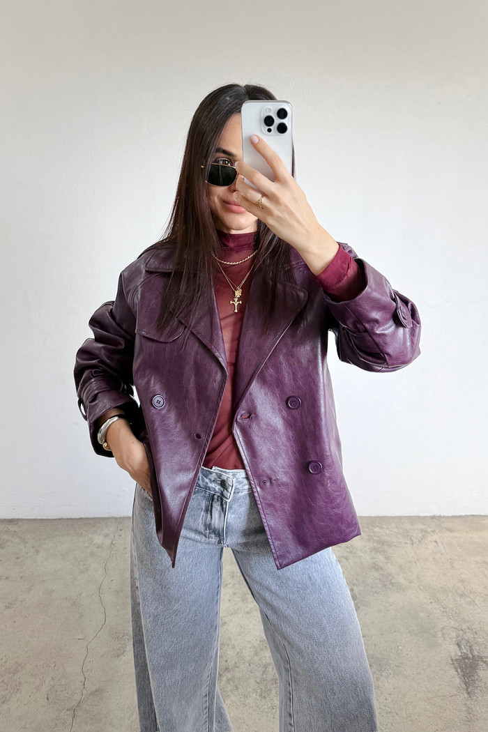 Trench Coat de Couro Roxo - Mini Moni