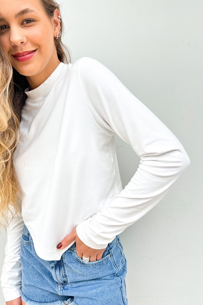 Blusa Manga Longa Feminina Cropped Branca Sofia- Mini Moni