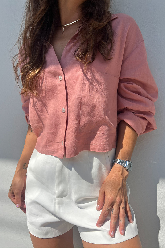 Camisa Cropped de Linho Rosa Sarita - Mini Moni
