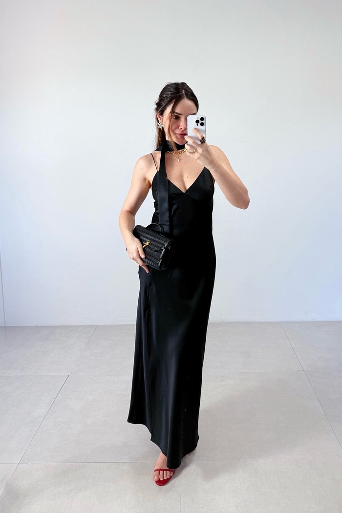 Vestido de Alça Midi Satin Preto - MiniMoni