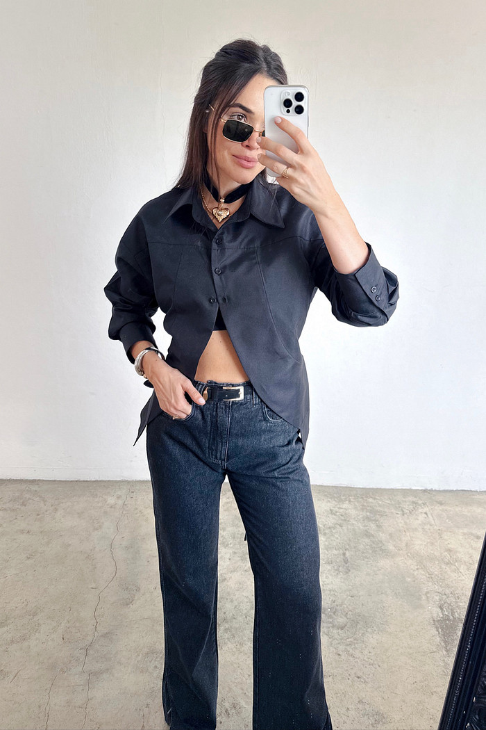 Calça Denim Reta Beatriz Preta - Mini Moni