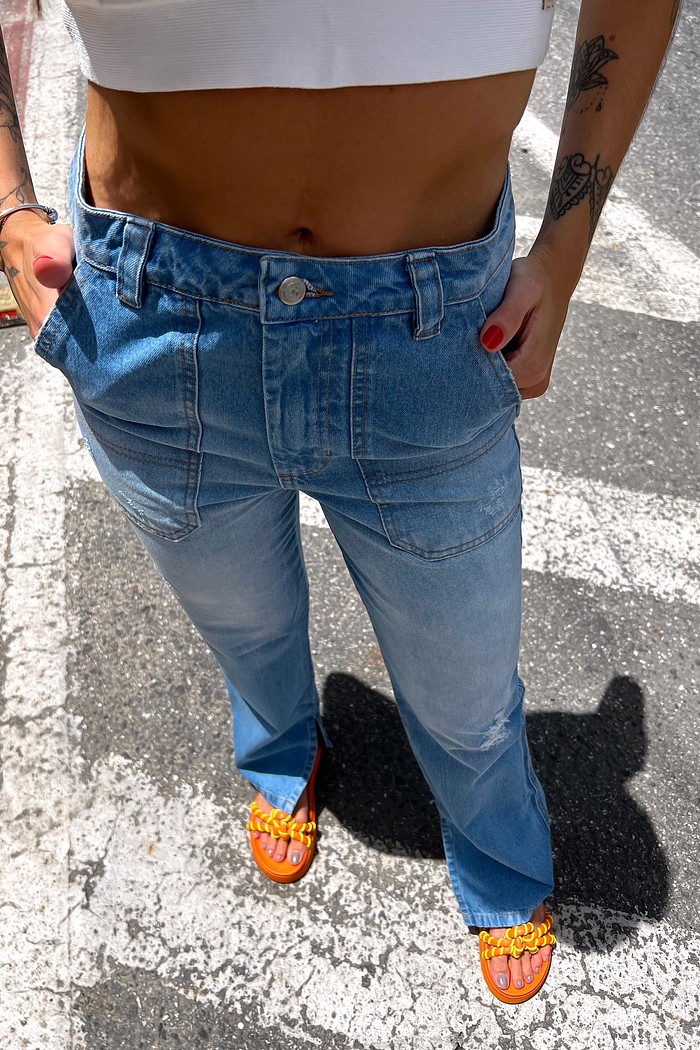 Calça Jeans Cargo Com Bolso