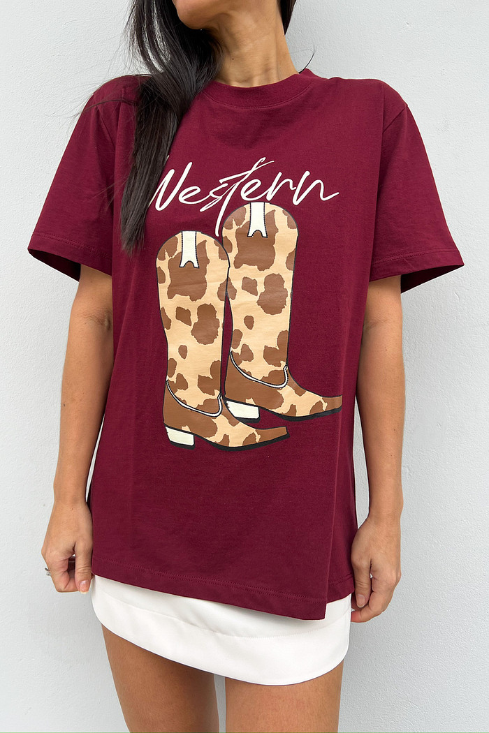 T-shirt Feminina Western Vinho – Mini Moni