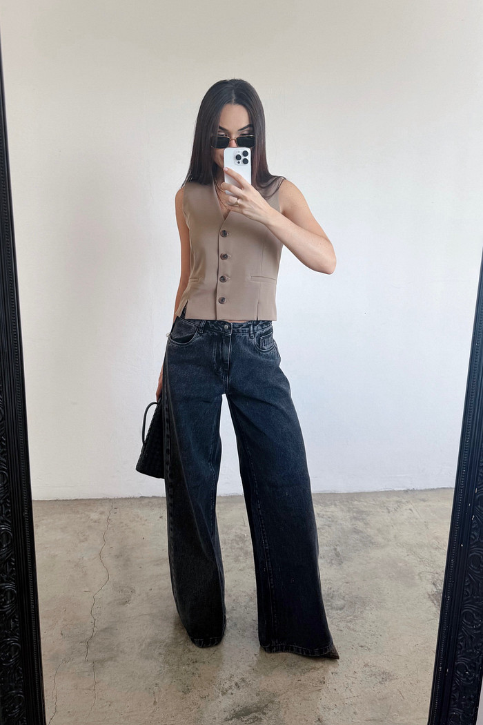 Calça Denim Extra Wide Leg Sheila Preta - Mini Moni