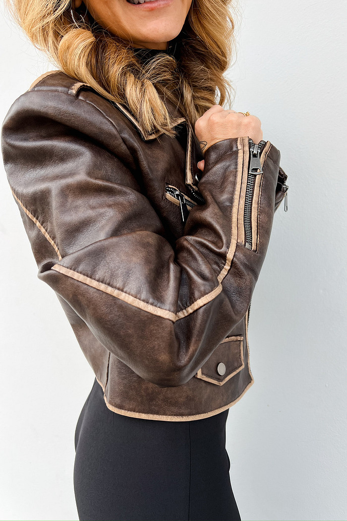 Jaqueta de Couro Estonada Diana Marrom - Mini Moni