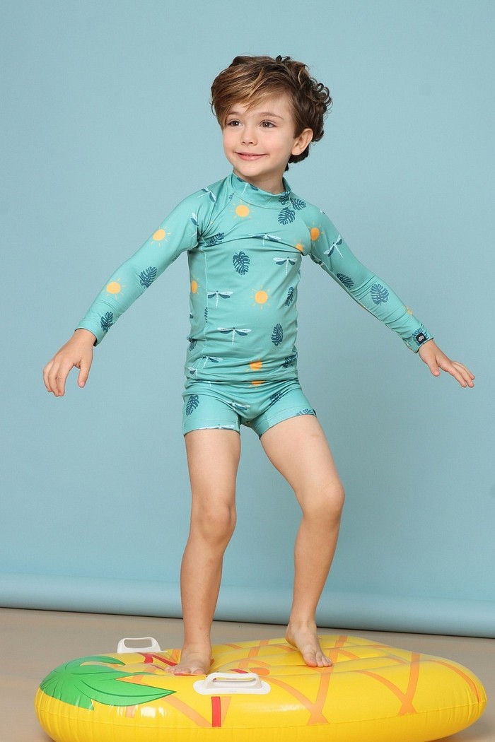 Camisa + Sunga Proteção UV50+ Confortável Verde Libélulas