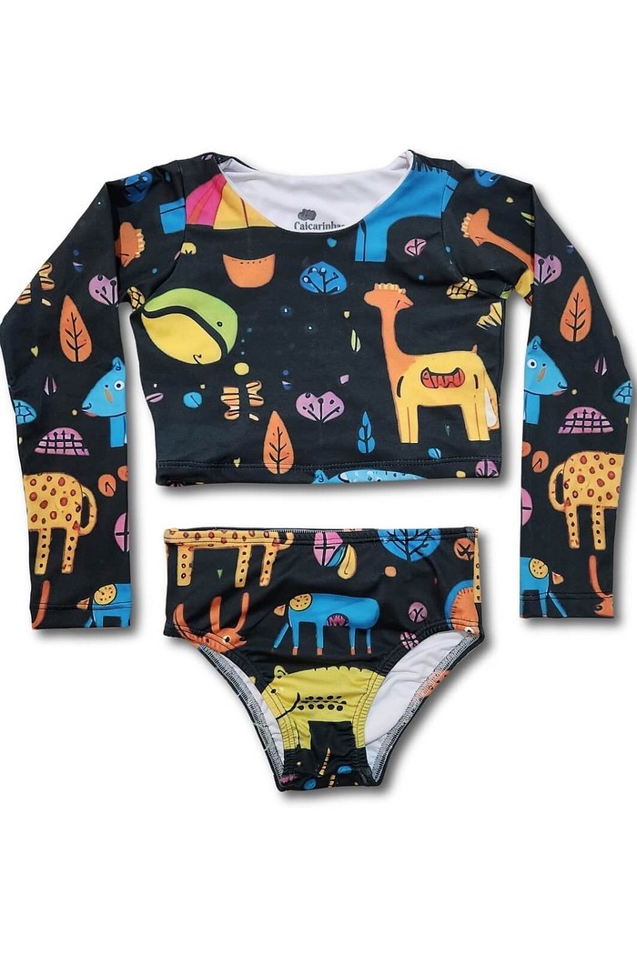 Biquíni Infantil Cropped Manga Longa e Calcinha Alta Preto Animais Abstratos