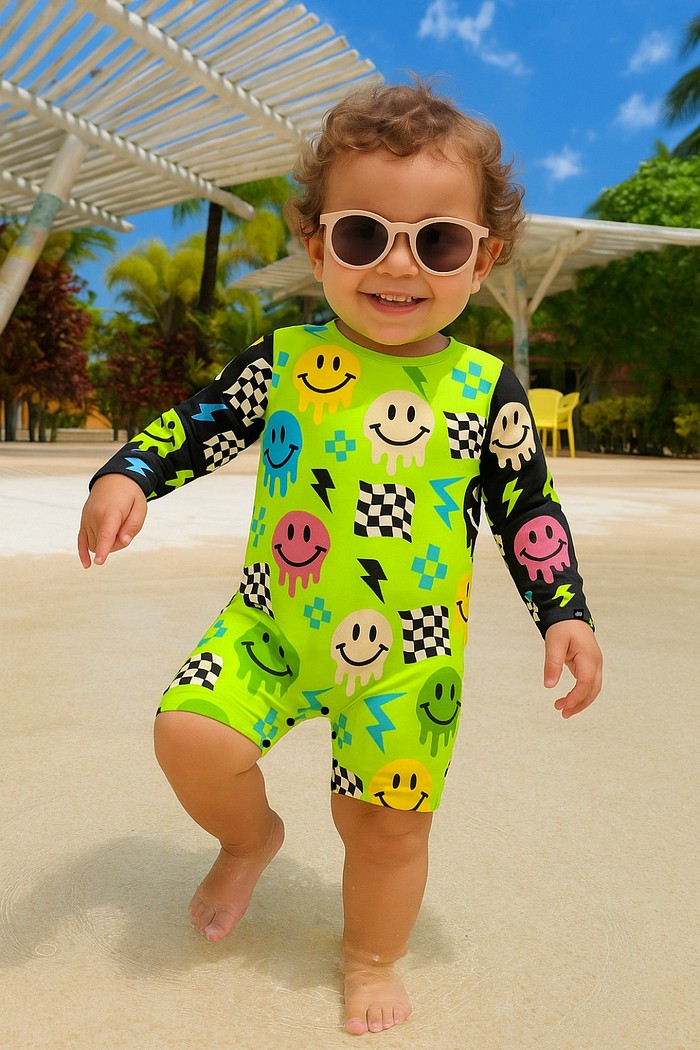 Macacão Praia Bebê Proteção Solar UV 50+ Manga Longa Preto e Verde Smiles