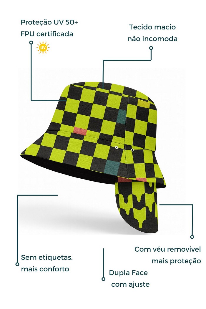 Chapéu infantil Proteção Solar UV 50+ Dupla Face Ajustável Verde Quadriculado