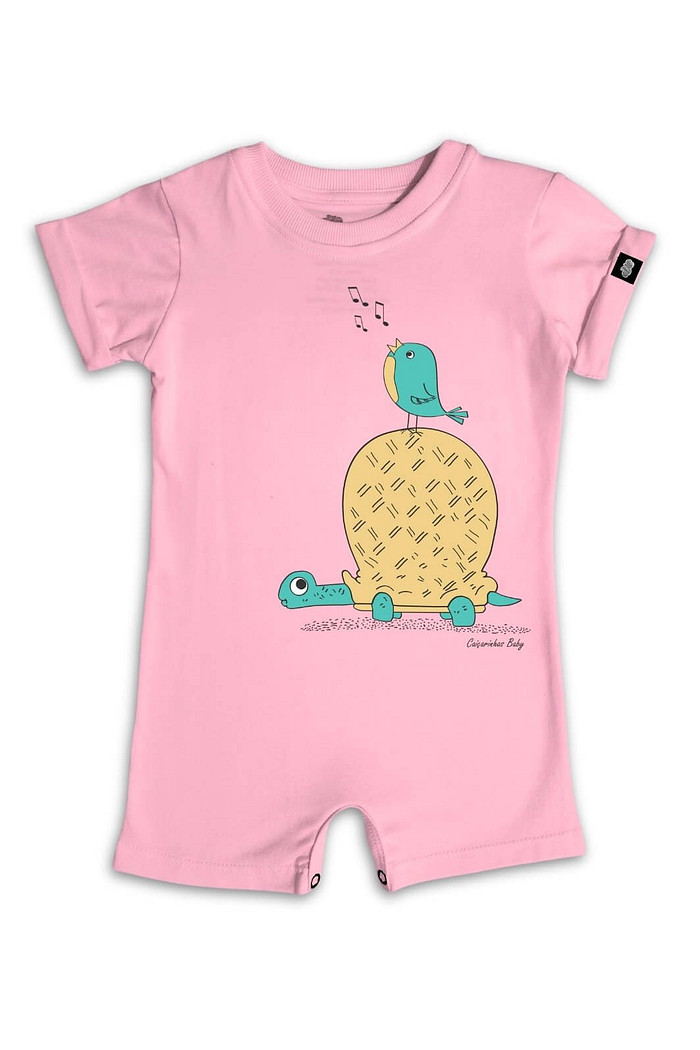 Macacão Bebê Curto Algodão Sustentável Fácil de Vestir Salmão Tartaruga e Passarinho