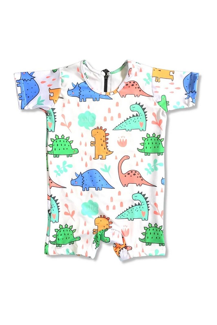 Macacão Praia Bebê Proteção Solar UV 50+ Manga Curta Branco Dinossauros